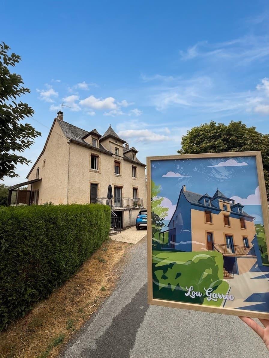 Le poster « Lou Garric » imprimé et encadré, tenu devant la maison illustrée